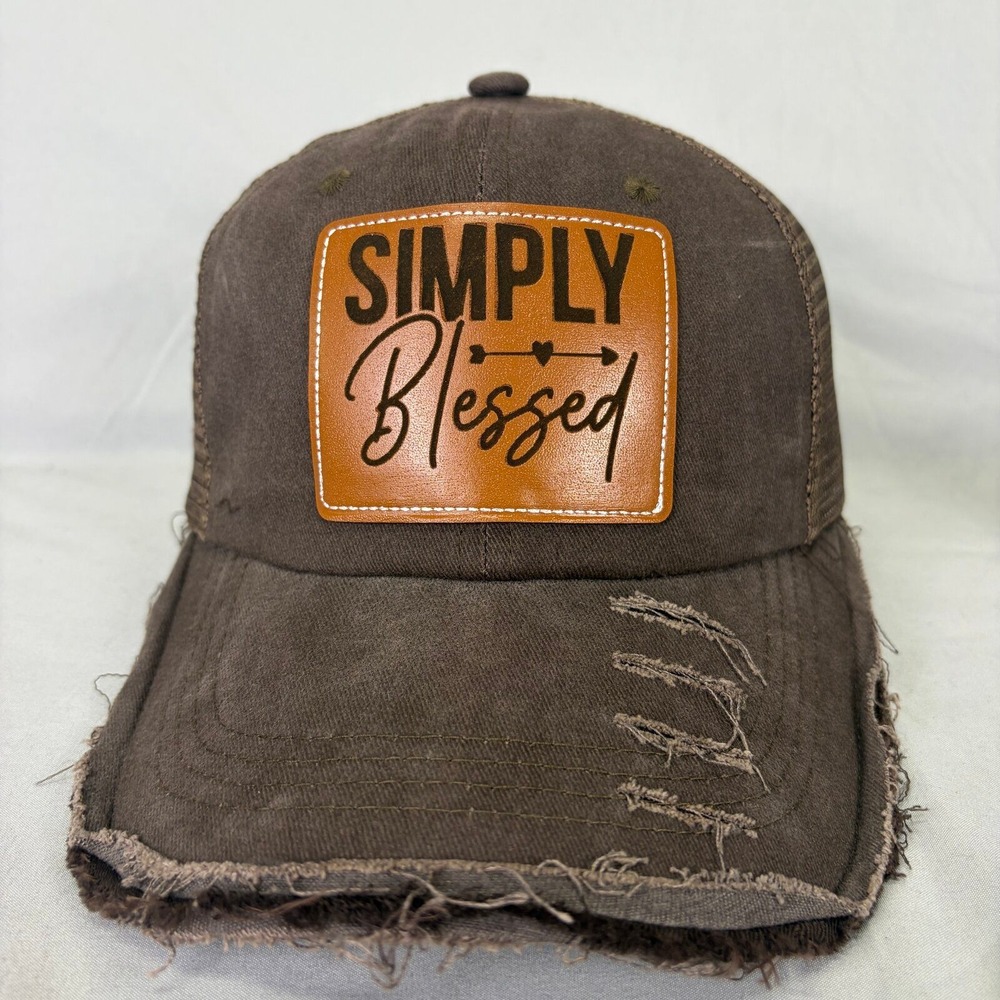Simply Blessed Christian Distressed Trucker Hat Snapback Leather Patch Cap Brown